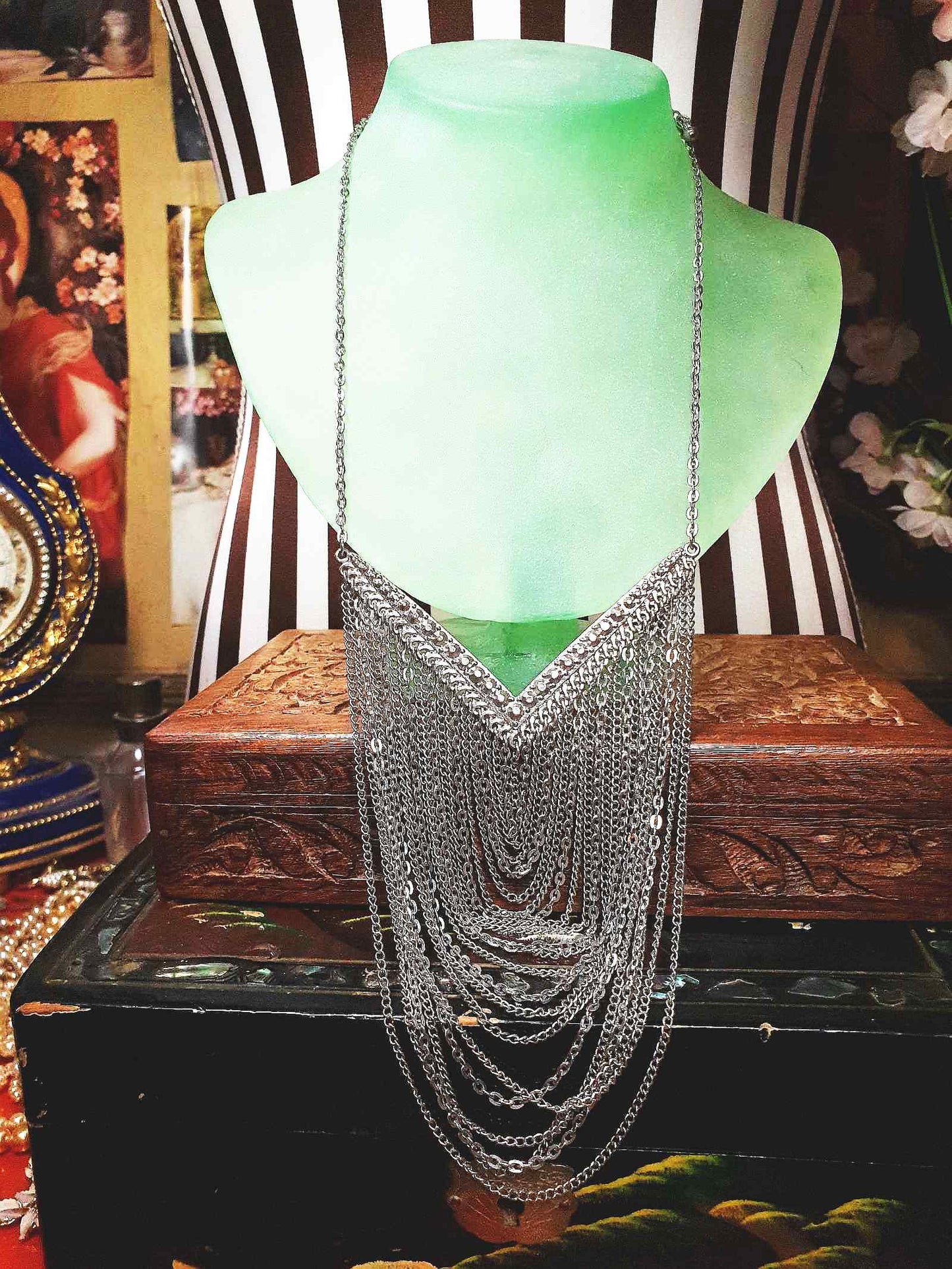 Vintage Boho Chain Statement Bib Necklace Bohemian Drape 90s Silver Tone