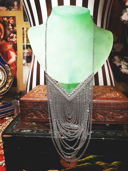 Vintage Boho Chain Statement Bib Necklace Bohemian Drape 90s Silver Tone