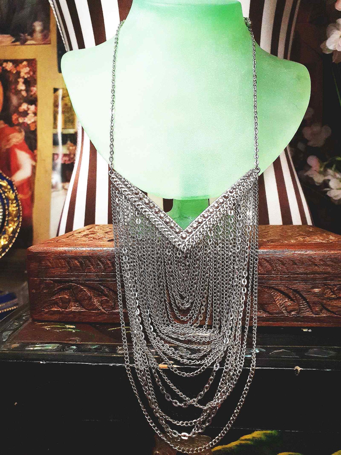 Vintage Boho Chain Statement Bib Necklace Bohemian Drape 90s Silver Tone