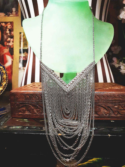 Vintage Boho Chain Statement Bib Necklace Bohemian Drape 90s Silver Tone