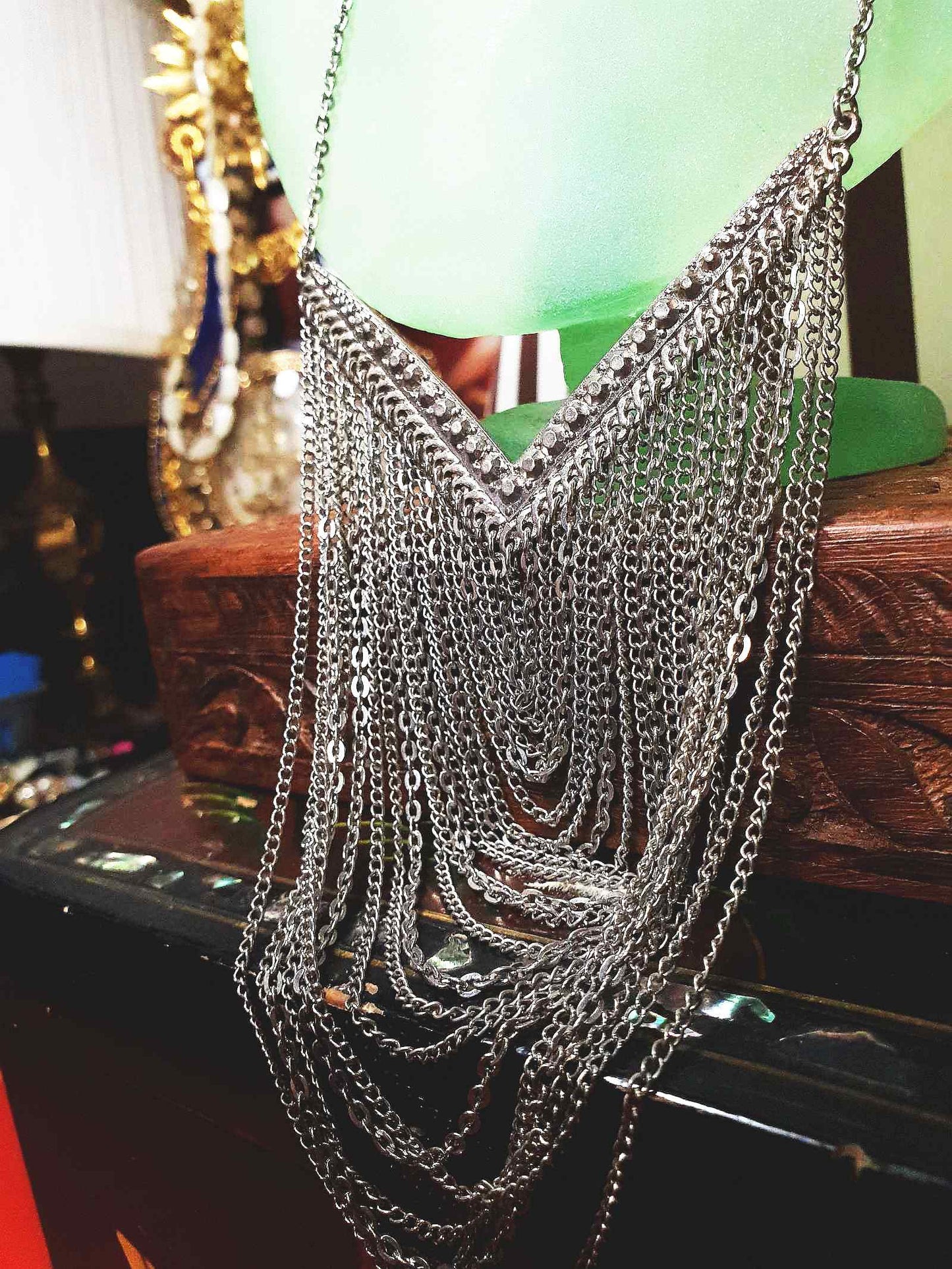 Vintage Boho Chain Statement Bib Necklace Bohemian Drape 90s Silver Tone