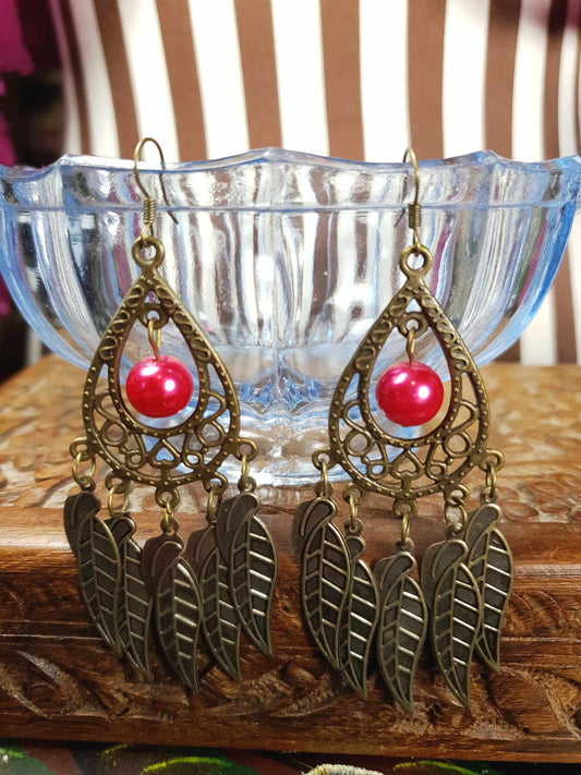 Vintage 90s Boho Dangle Earrings Red Pearl Drop Bohemian