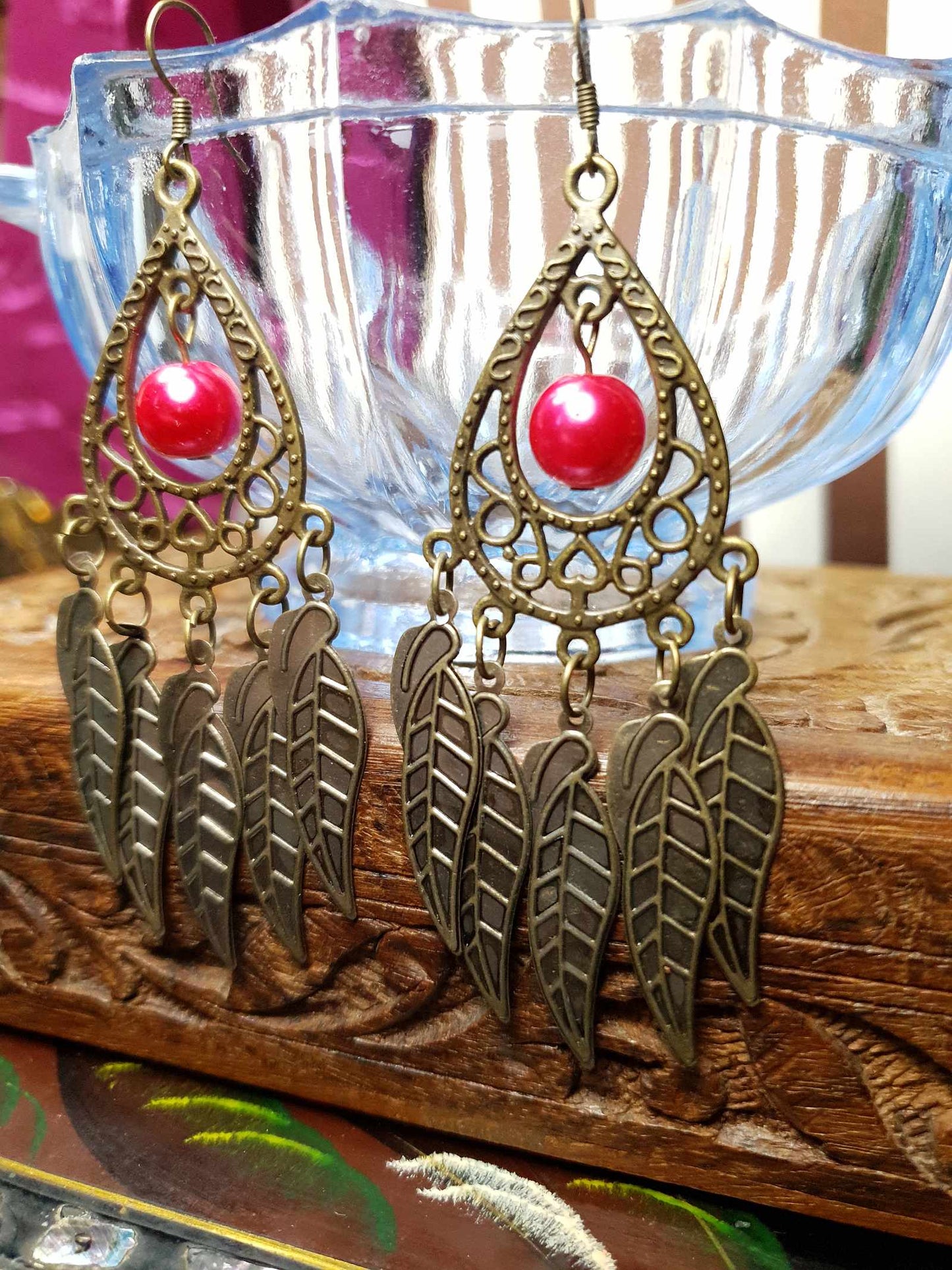 Vintage 90s Boho Dangle Earrings Red Pearl Drop Bohemian