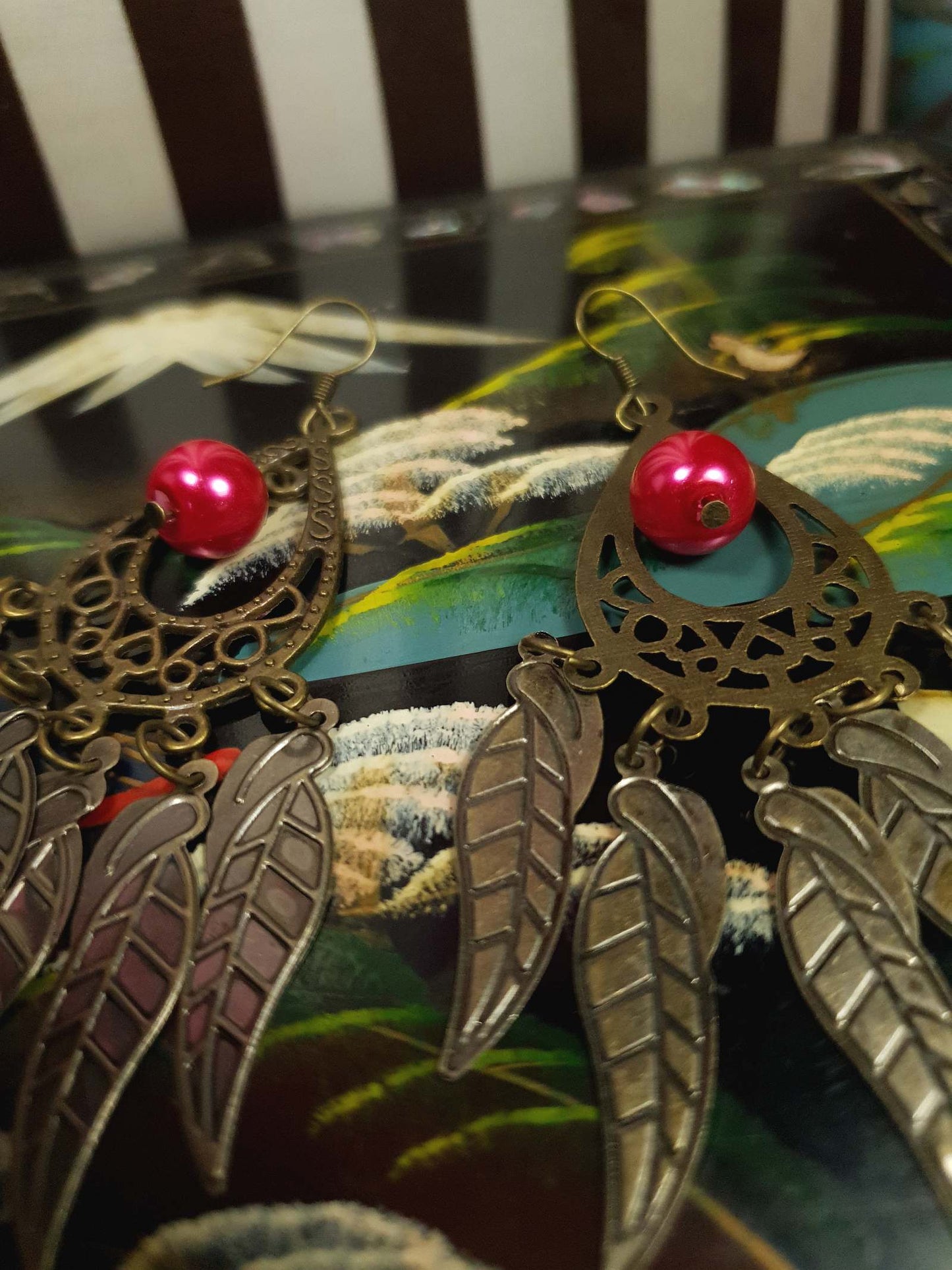 Vintage 90s Boho Dangle Earrings Red Pearl Drop Bohemian