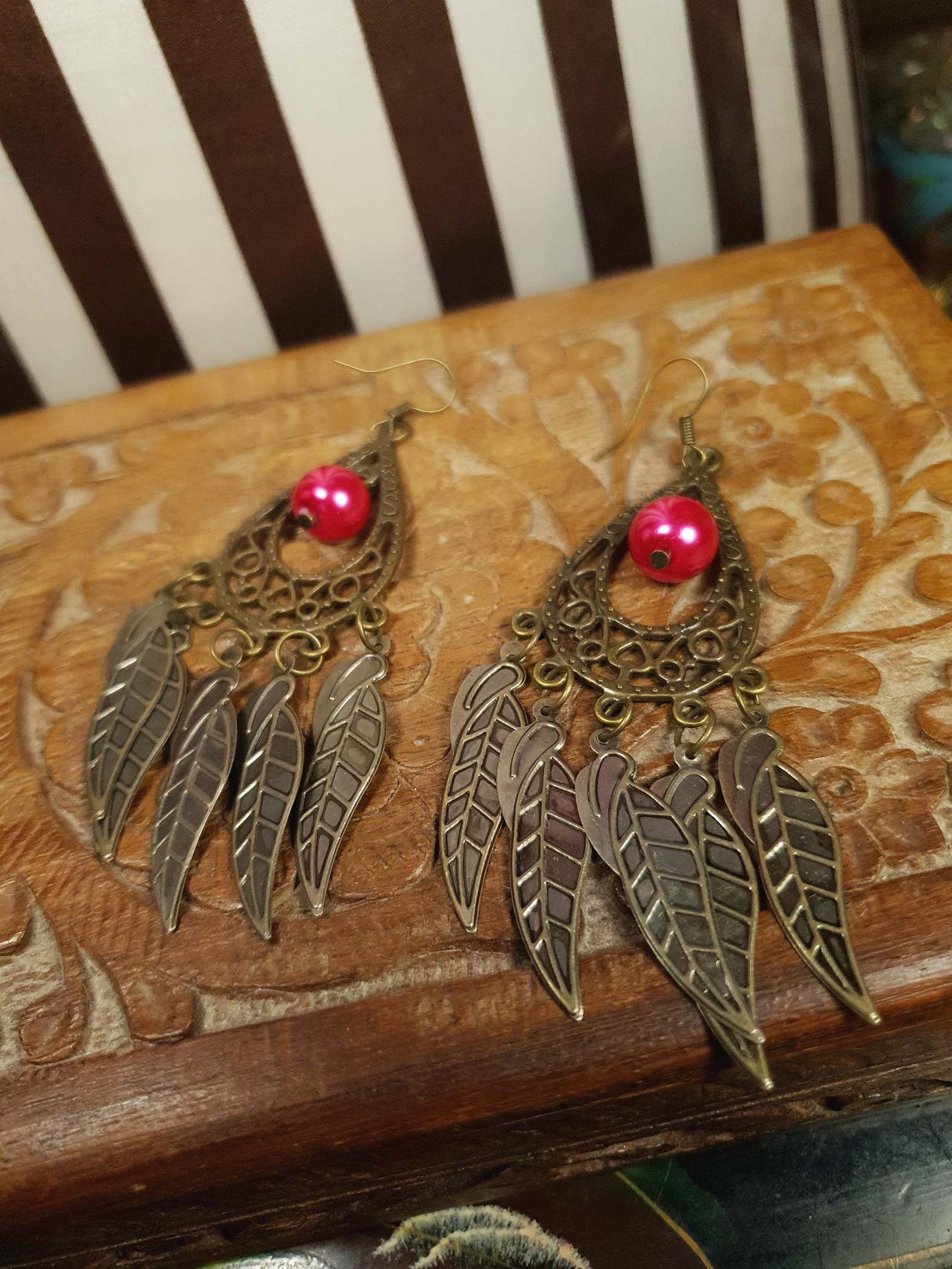 Vintage 90s Boho Dangle Earrings Red Pearl Drop Bohemian
