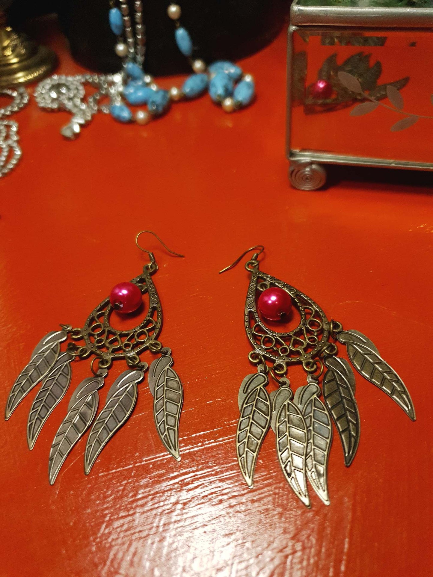 Vintage 90s Boho Dangle Earrings Red Pearl Drop Bohemian