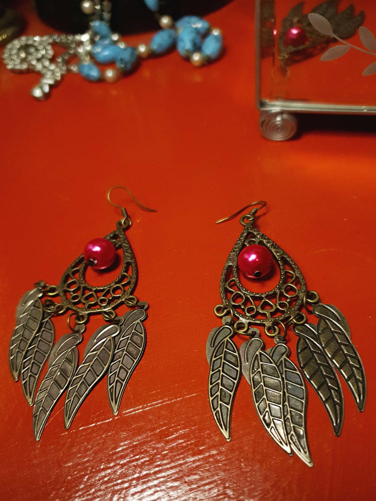 Vintage 90s Boho Dangle Earrings Red Pearl Drop Bohemian