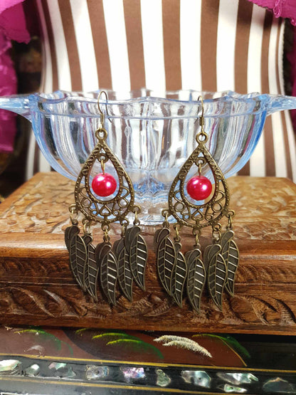 Vintage 90s Boho Dangle Earrings Red Pearl Drop Bohemian
