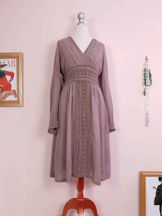 Vintage 90s Brown Chiffon Lace Dress Midi Floaty Size 12 Fit & Flare