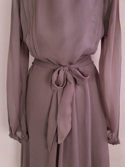 Vintage Brown Chiffon Lace Dress 90s Midi Floaty Size 12