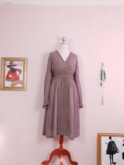 Vintage Brown Chiffon Lace Dress 90s Midi Floaty Size 12