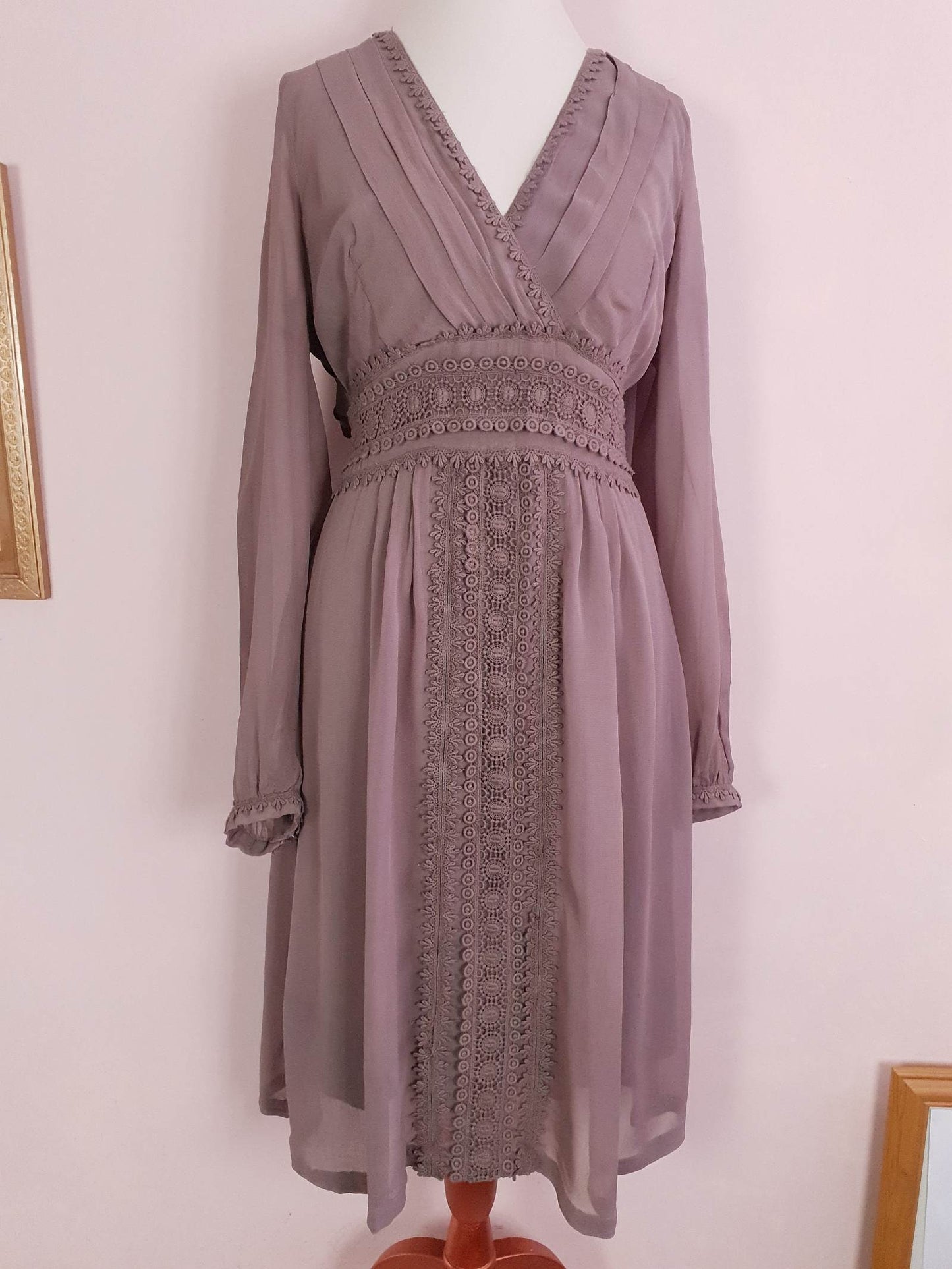 Vintage Brown Chiffon Lace Dress 90s Midi Floaty Size 12