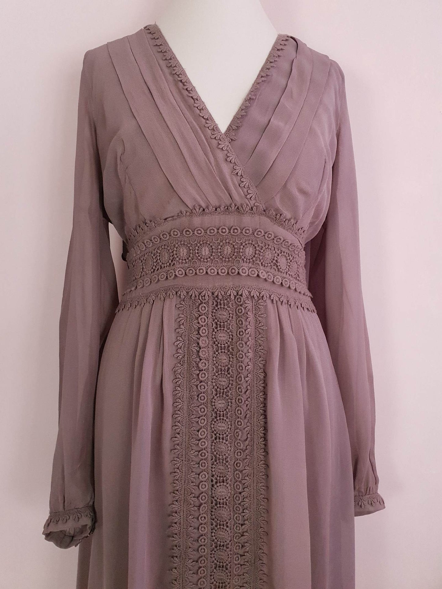 Vintage Brown Chiffon Lace Dress 90s Midi Floaty Size 12