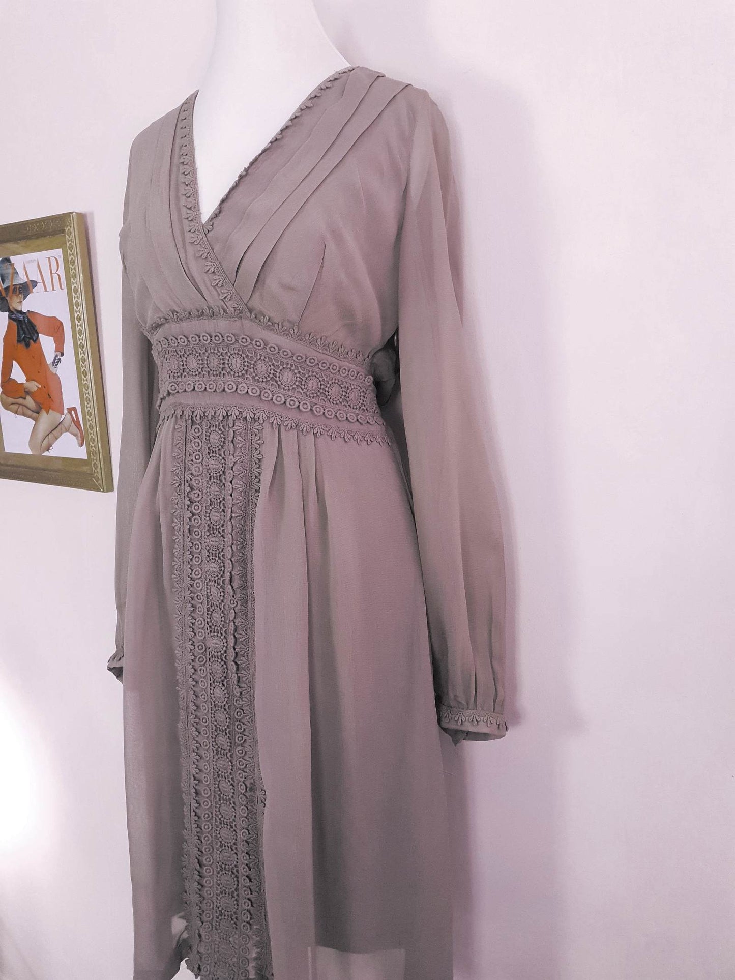 Vintage Brown Chiffon Lace Dress 90s Midi Floaty Size 12