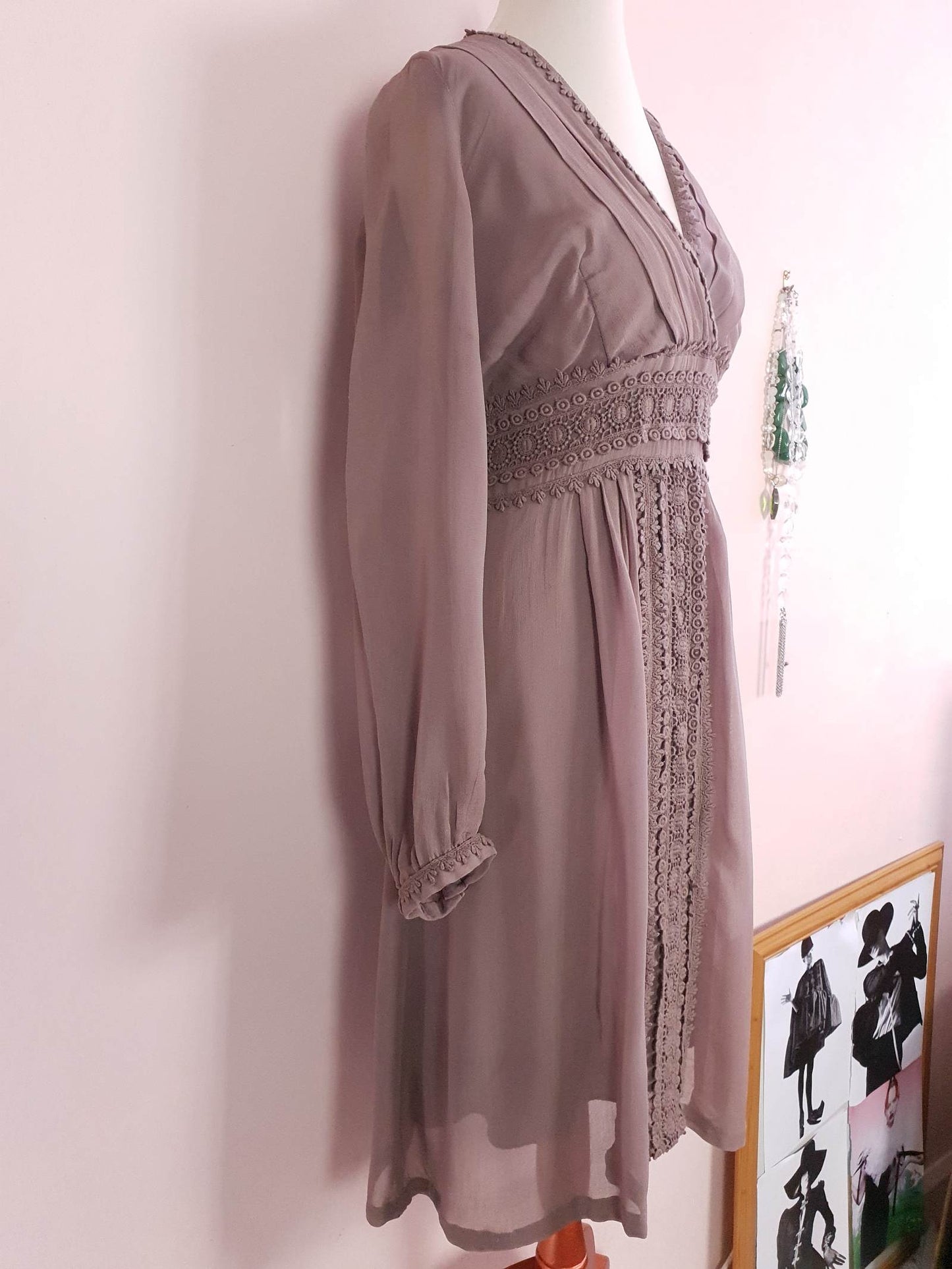 Vintage Brown Chiffon Lace Dress 90s Midi Floaty Size 12