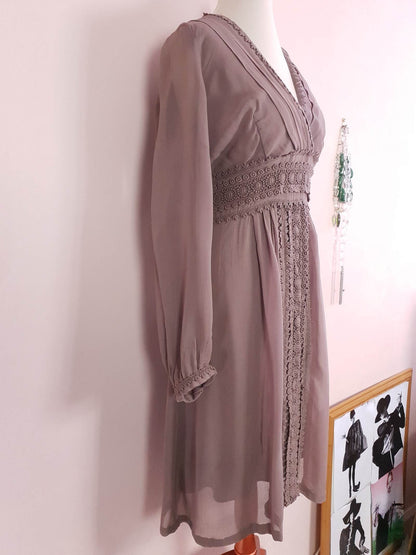 Vintage Brown Chiffon Lace Dress 90s Midi Floaty Size 12