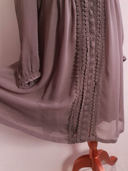 Vintage Brown Chiffon Lace Dress 90s Midi Floaty Size 12