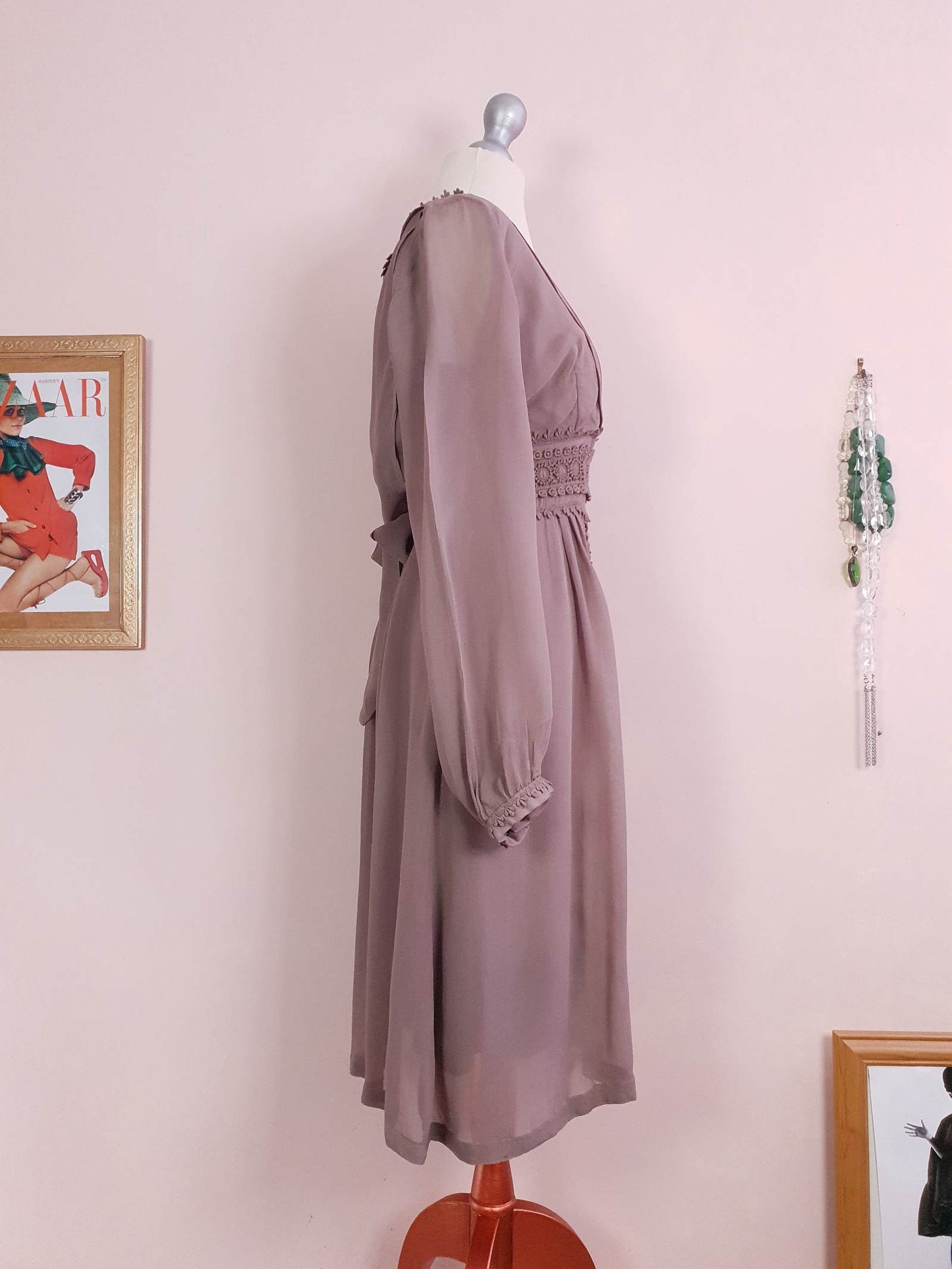 Vintage Brown Chiffon Lace Dress 90s Midi Floaty Size 12