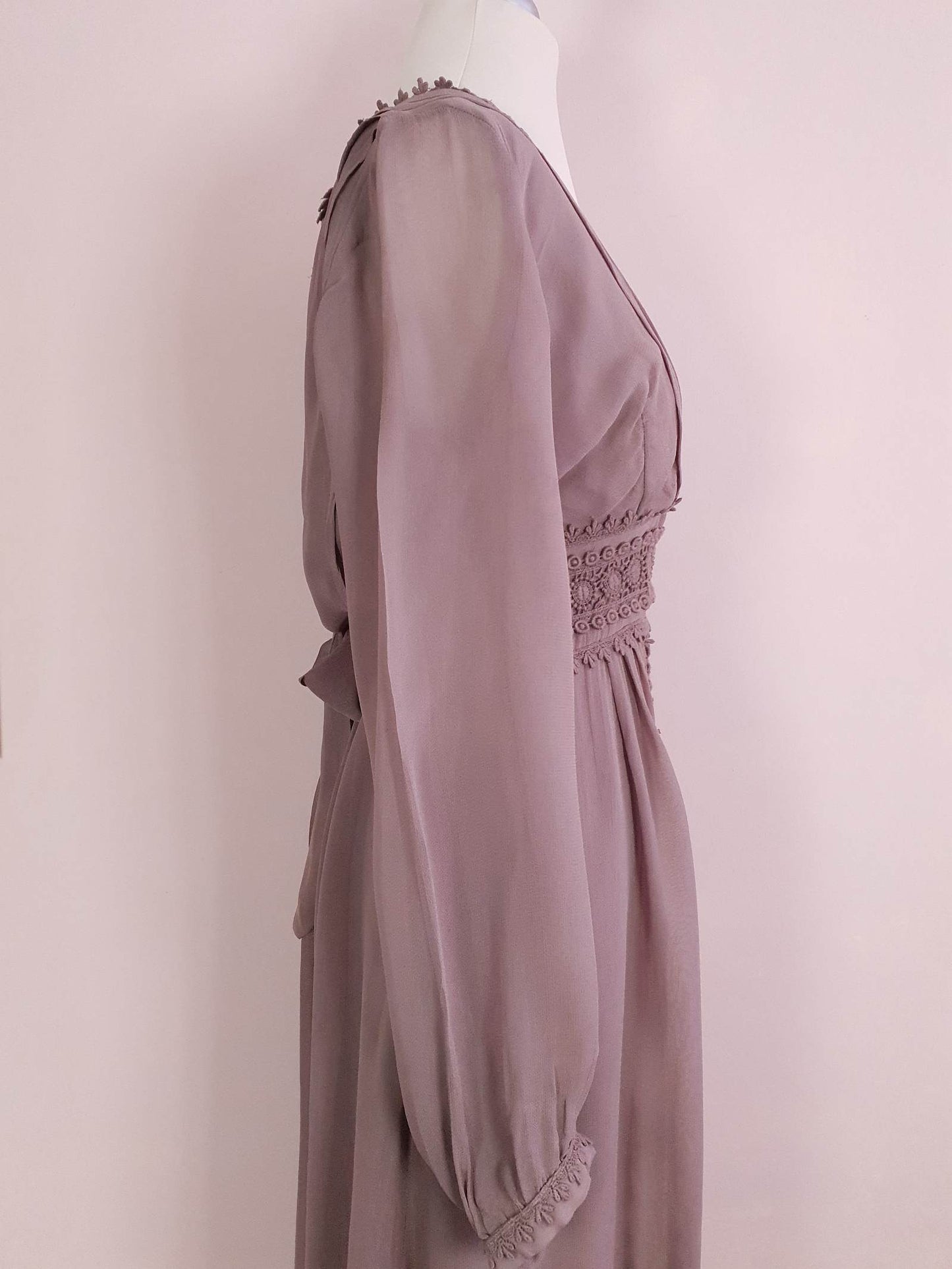 Vintage Brown Chiffon Lace Dress 90s Midi Floaty Size 12