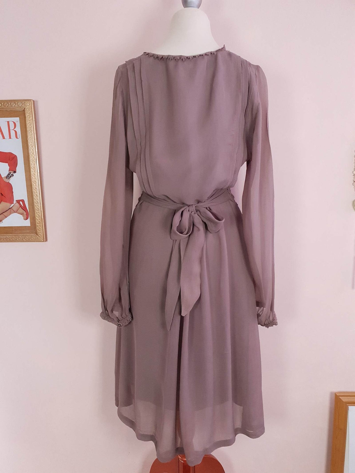 Vintage Brown Chiffon Lace Dress 90s Midi Floaty Size 12