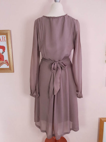 Vintage Brown Chiffon Lace Dress 90s Midi Floaty Size 12