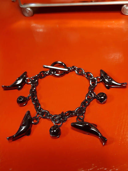 Vintage Sterling Silver Dolphin Charm Bracelet Bells Gun Metal Grey 925