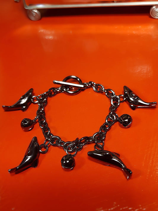 Vintage Sterling Silver Dolphin Charm Bracelet Bells Gun Metal Grey 925