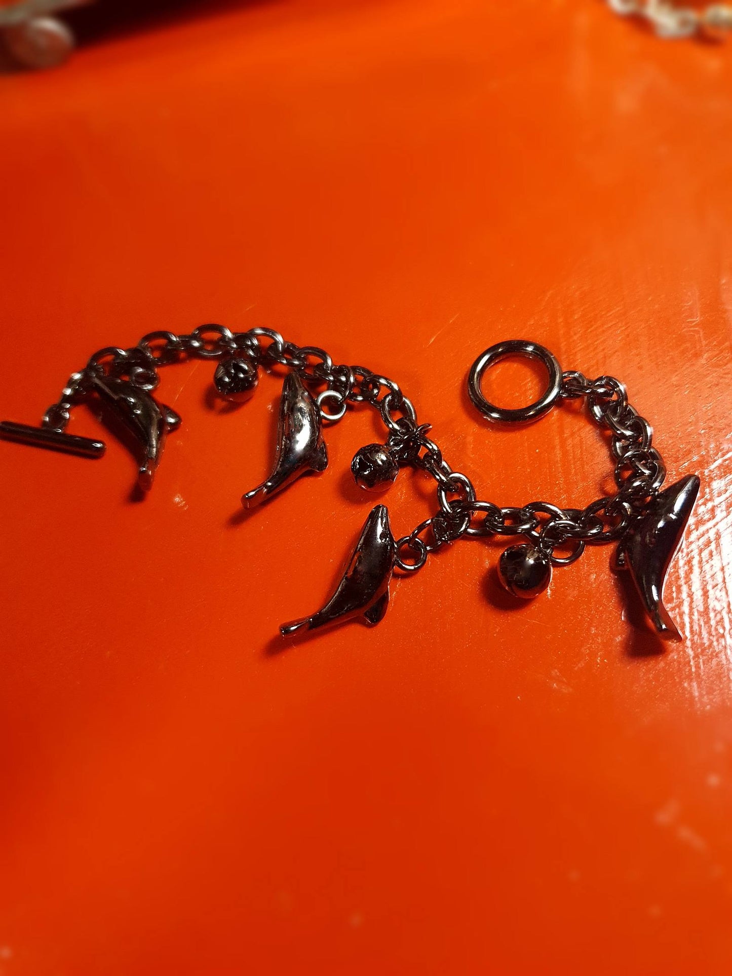 Vintage Sterling Silver Dolphin Charm Bracelet Bells Gun Metal Grey 925