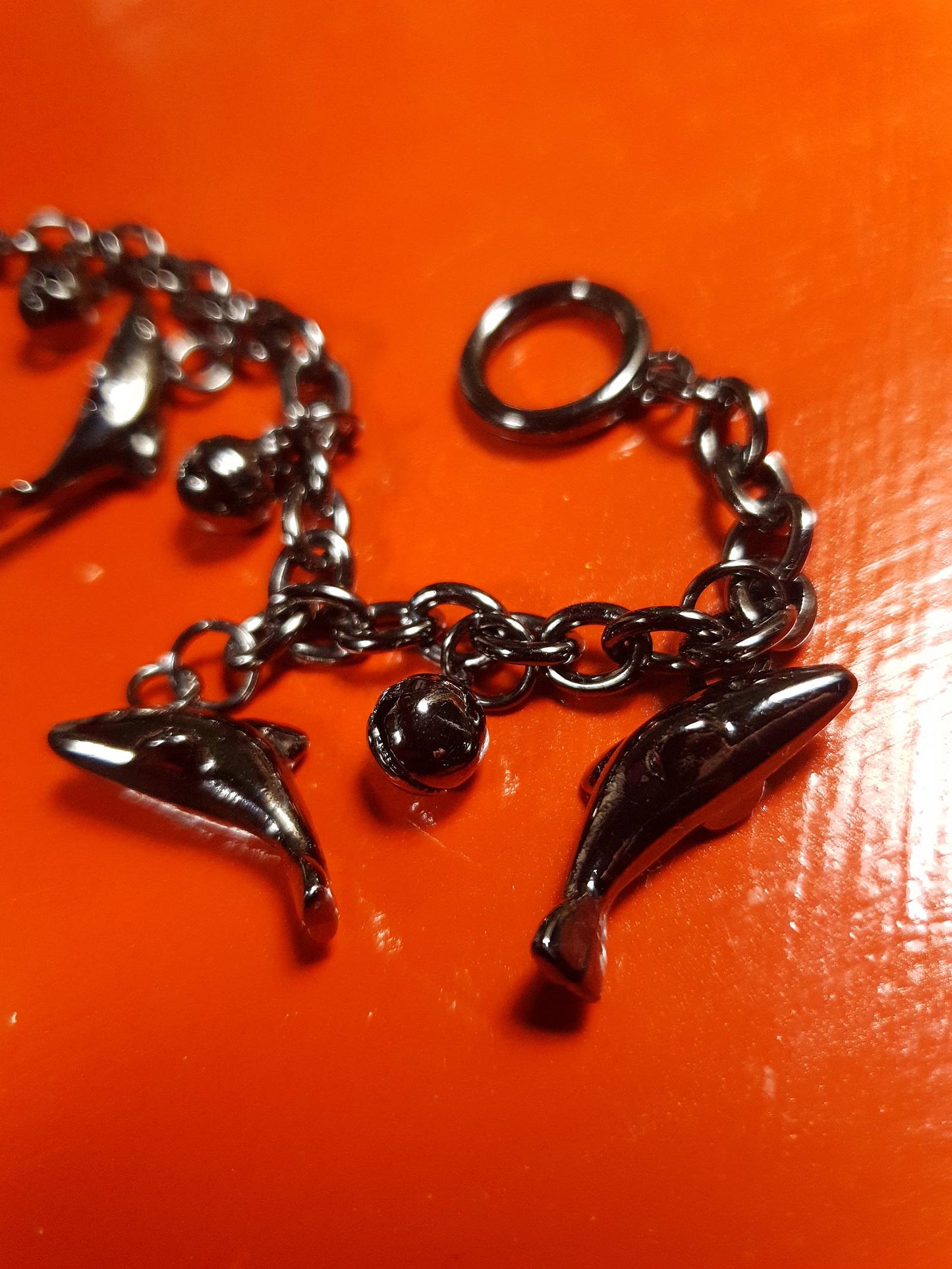 Vintage Sterling Silver Dolphin Charm Bracelet Bells Gun Metal Grey 925