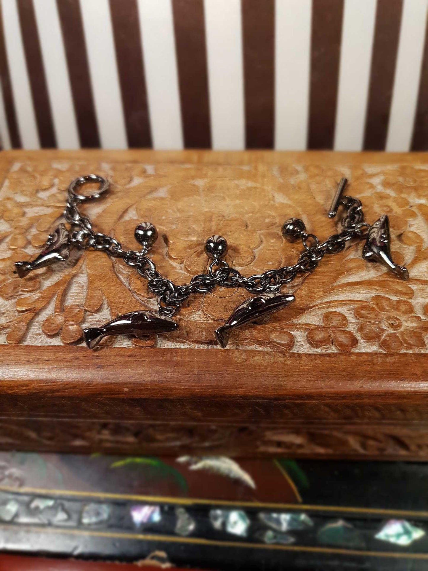 Vintage Sterling Silver Dolphin Charm Bracelet Bells Gun Metal Grey 925