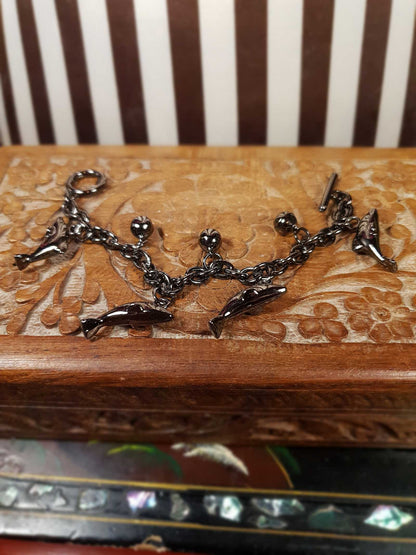 Vintage Sterling Silver Dolphin Charm Bracelet Bells Gun Metal Grey 925