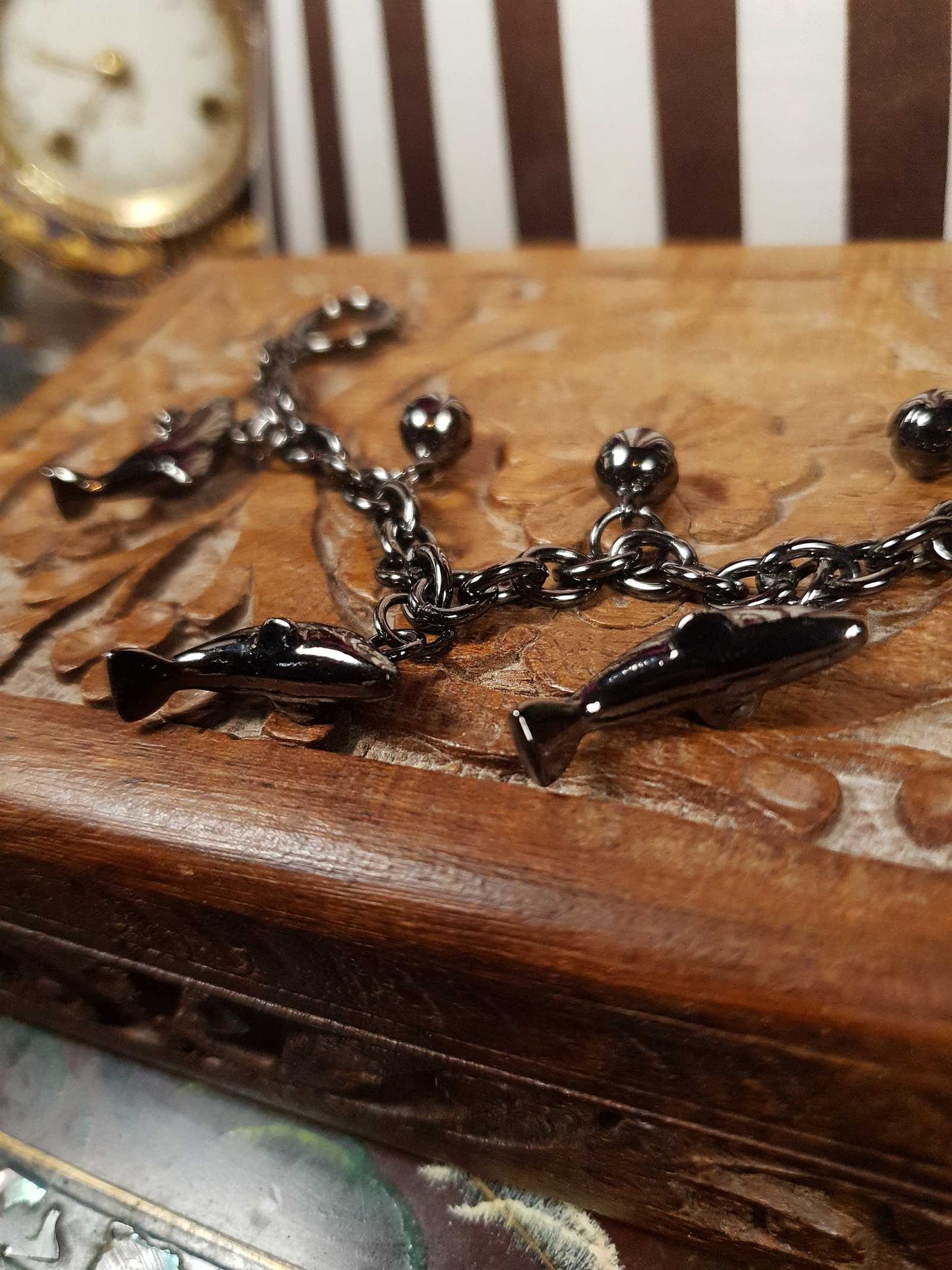 Vintage Sterling Silver Dolphin Charm Bracelet Bells Gun Metal Grey 925