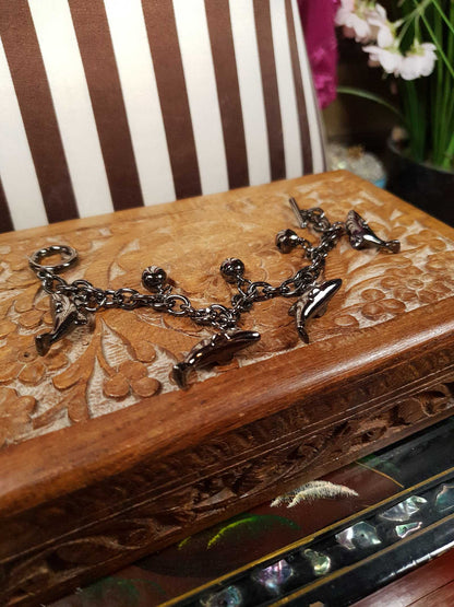 Vintage Sterling Silver Dolphin Charm Bracelet Bells Gun Metal Grey 925