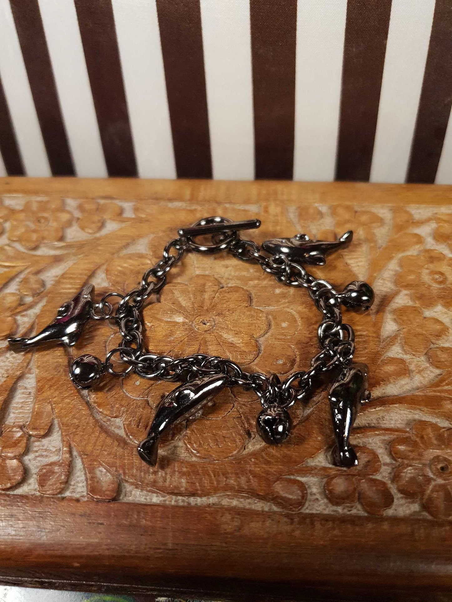 Vintage Sterling Silver Dolphin Charm Bracelet Bells Gun Metal Grey 925