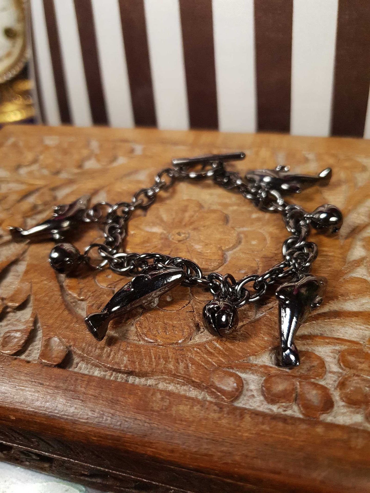 Vintage Sterling Silver Dolphin Charm Bracelet Bells Gun Metal Grey 925