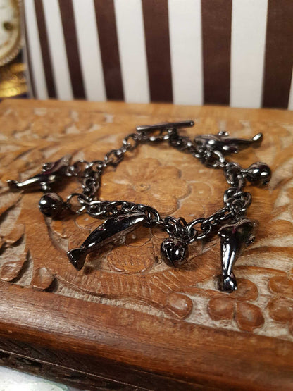 Vintage Sterling Silver Dolphin Charm Bracelet Bells Gun Metal Grey 925