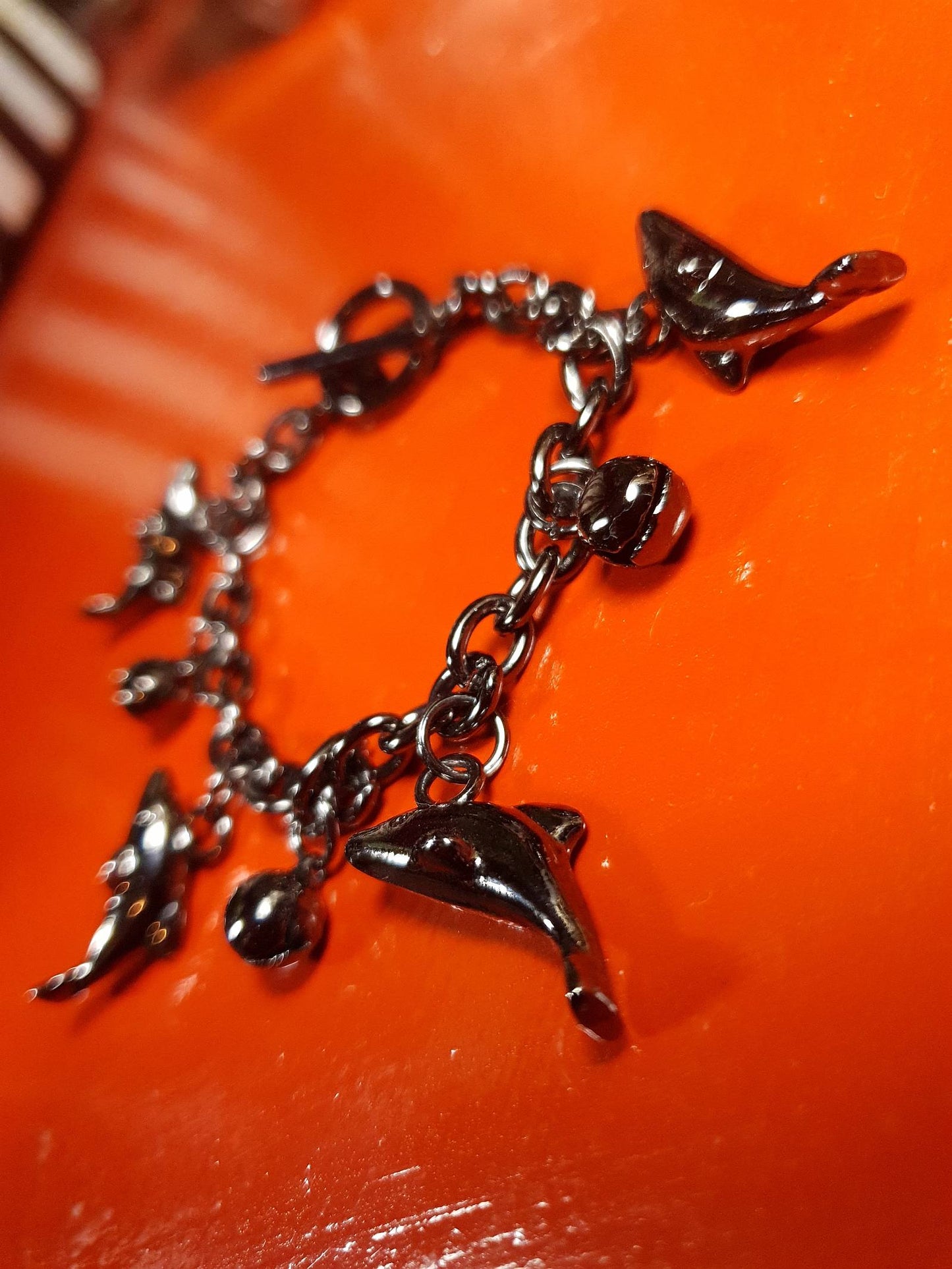 Vintage Sterling Silver Dolphin Charm Bracelet Bells Gun Metal Grey 925