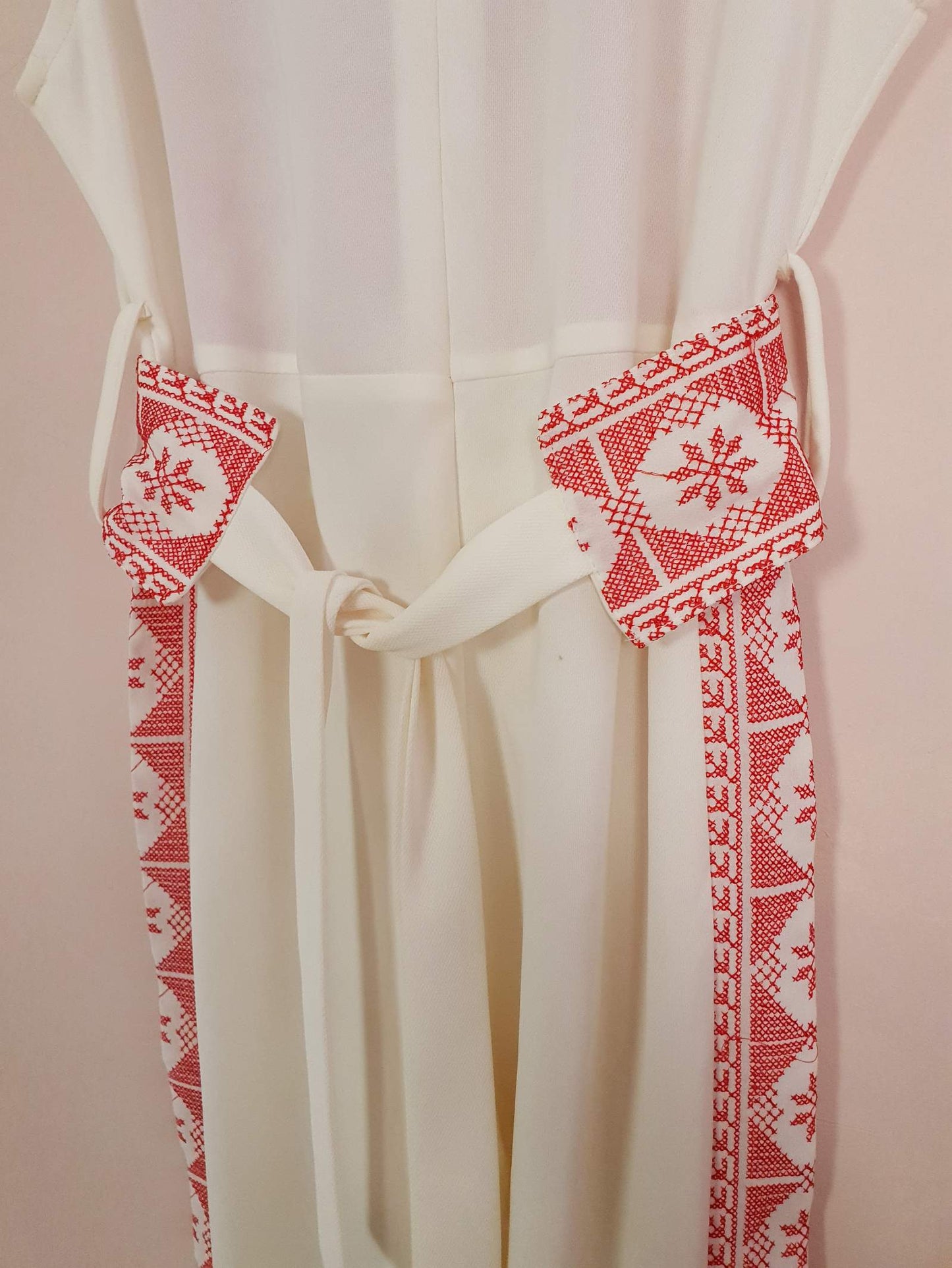 Vintage 90s Embroidered Jumpsuit Ladies Playsuit Cream Red Size 10 12