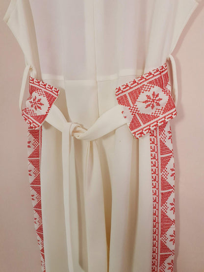 Vintage 90s Embroidered Jumpsuit Ladies Playsuit Cream Red Size 10 12
