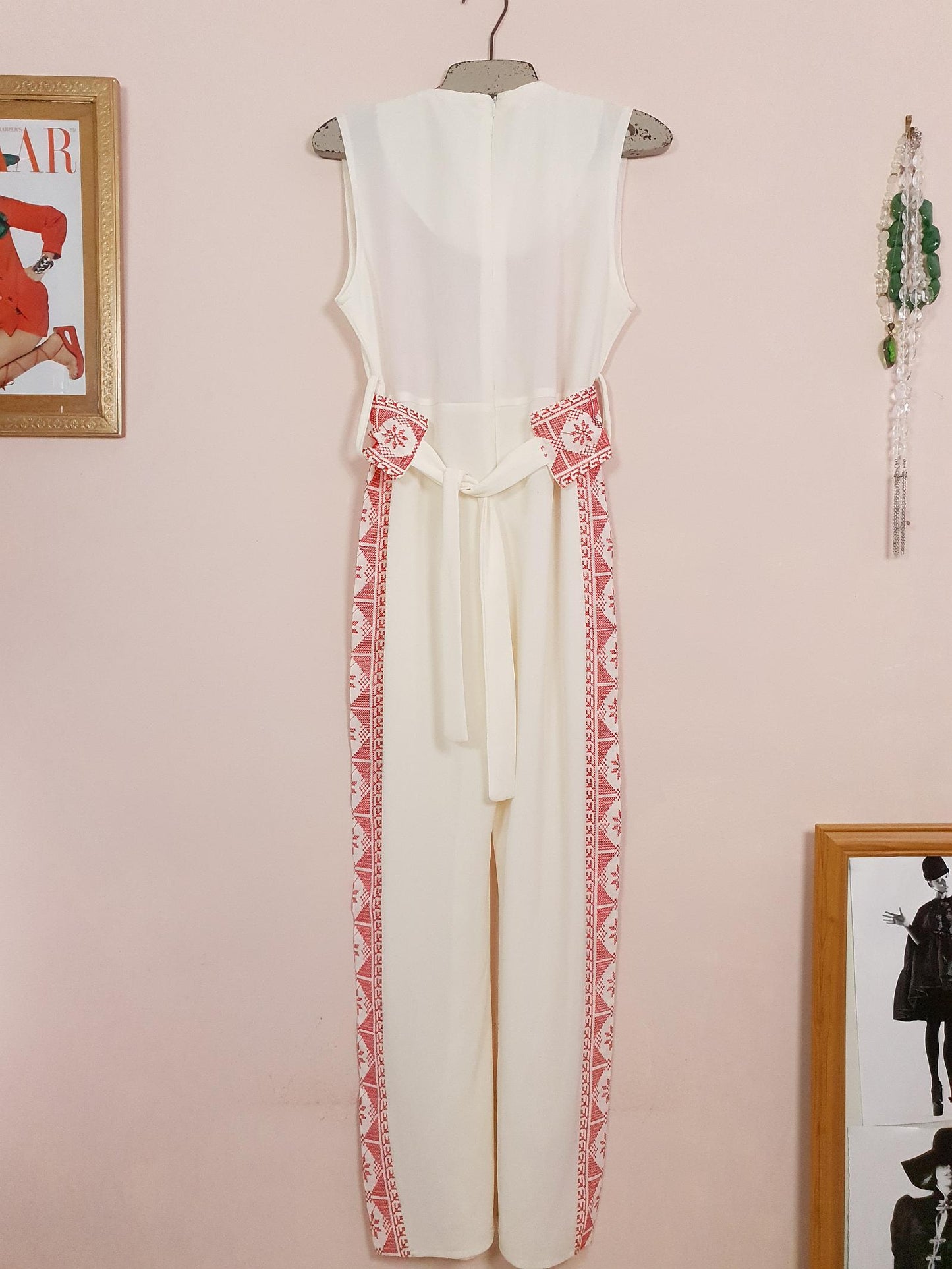 Vintage 90s Embroidered Jumpsuit Ladies Playsuit Cream Red Size 10 12
