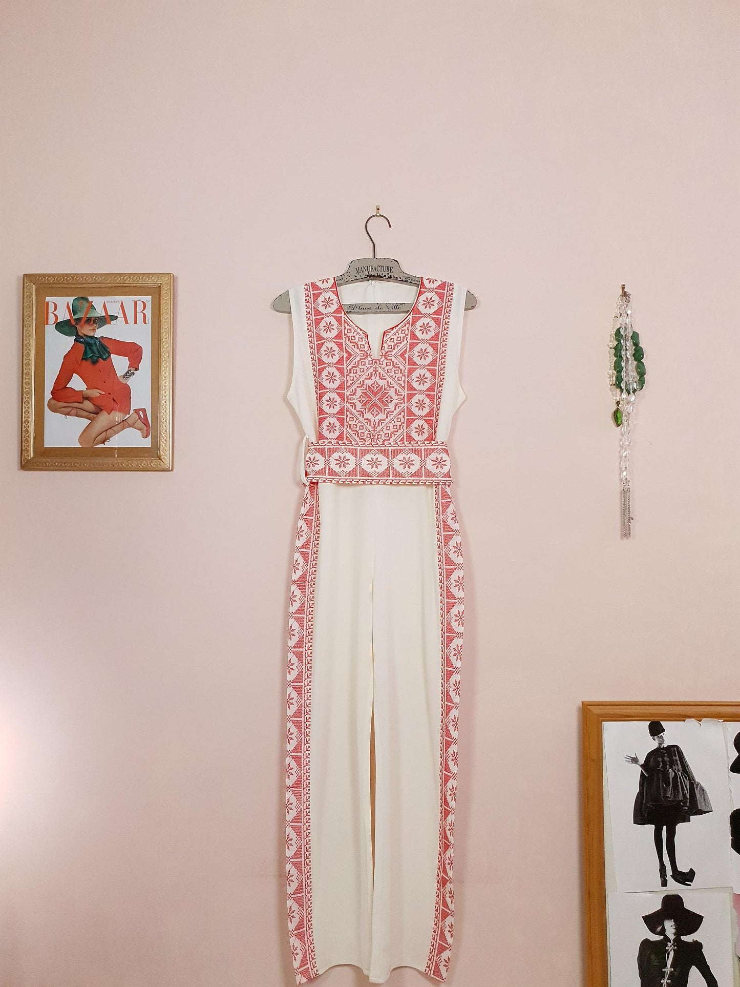 Vintage 90s Embroidered Jumpsuit Ladies Playsuit Cream Red Size 10 12