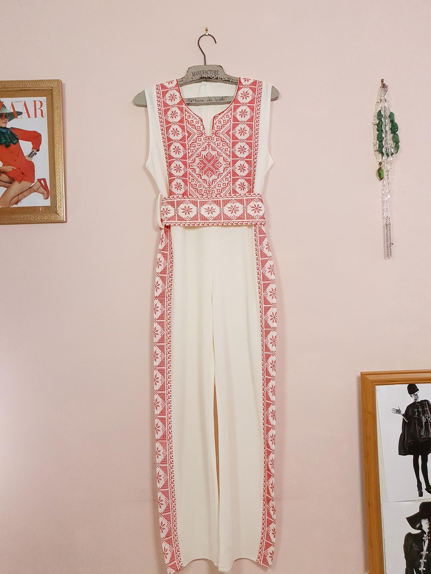 Vintage 90s Embroidered Jumpsuit Ladies Playsuit Cream Red Size 10 12