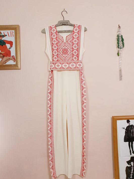 Vintage 90s Embroidered Jumpsuit Ladies Playsuit Cream Red Size 10 12