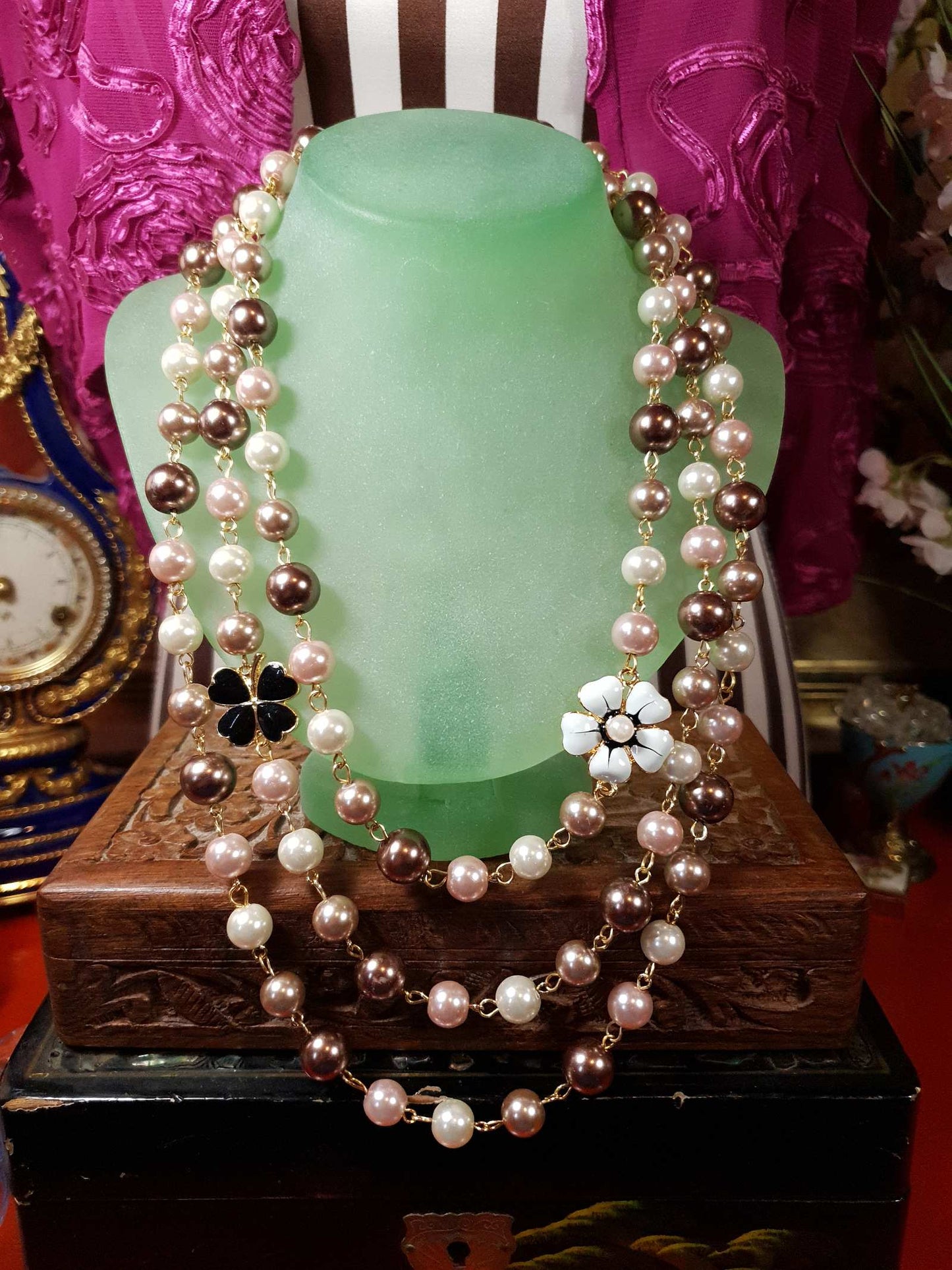 Vintage 90s Faux Pearl Necklace 34" Flapper Long Pearls Pink Cream Bronze