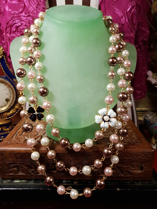 Vintage 90s Faux Pearl Necklace 34" Flapper Long Pearls Pink Cream Bronze