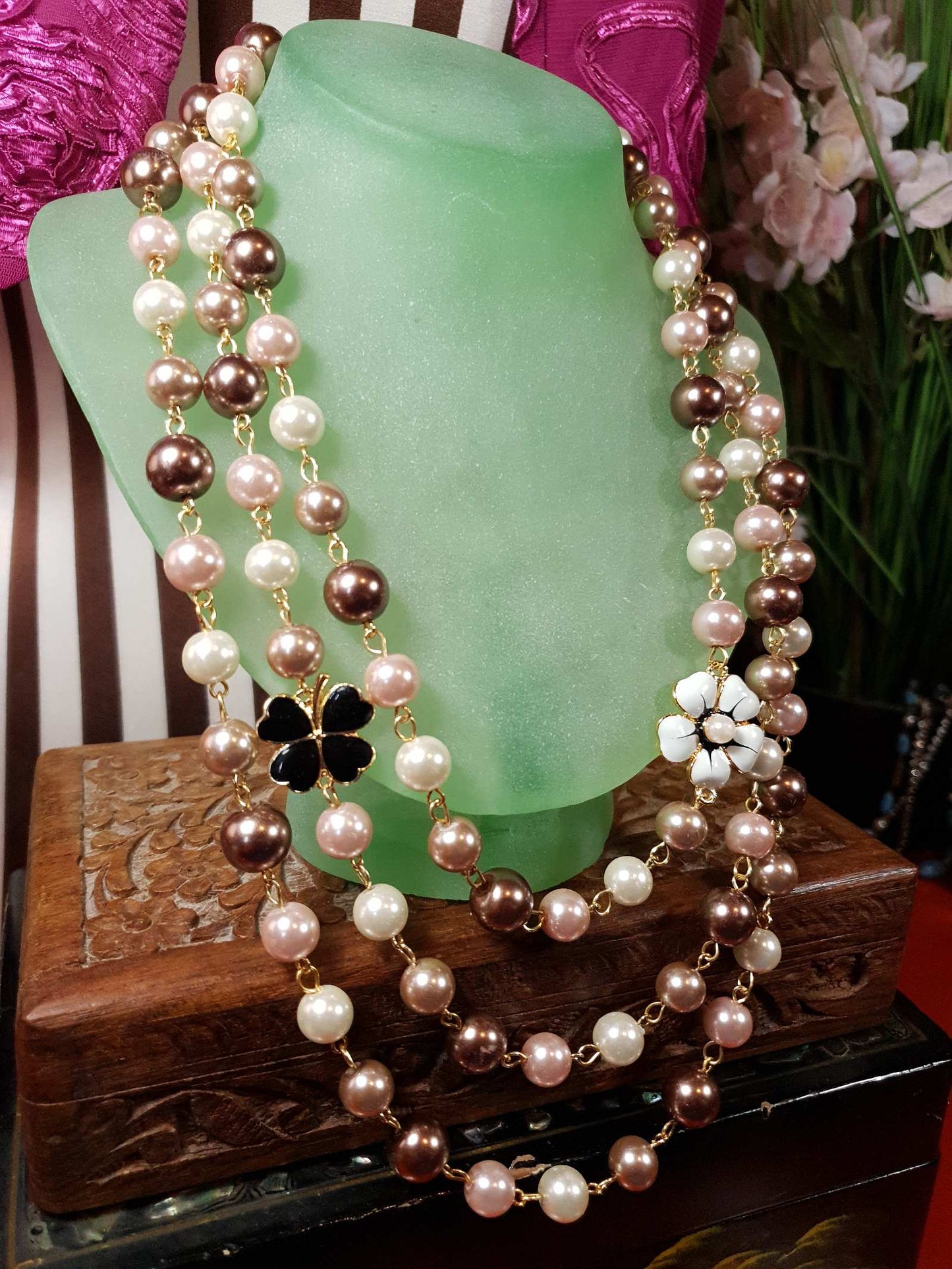 Vintage 90s Faux Pearl Necklace 34" Flapper Long Pearls Pink Cream Bronze