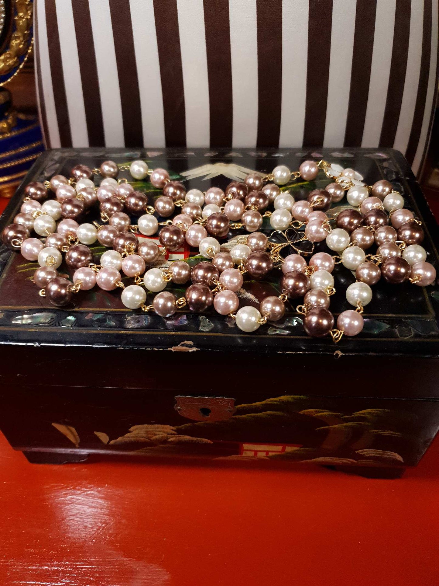Vintage 90s Faux Pearl Necklace 34" Flapper Long Pearls Pink Cream Bronze