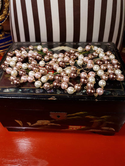 Vintage 90s Faux Pearl Necklace 34" Flapper Long Pearls Pink Cream Bronze