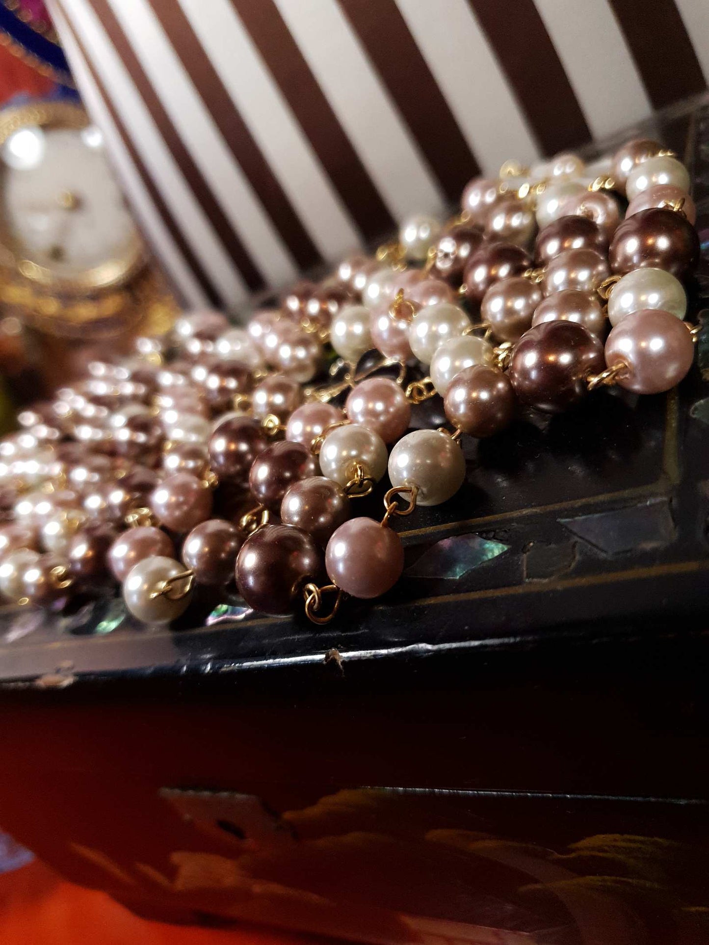 Vintage 90s Faux Pearl Necklace 34" Flapper Long Pearls Pink Cream Bronze