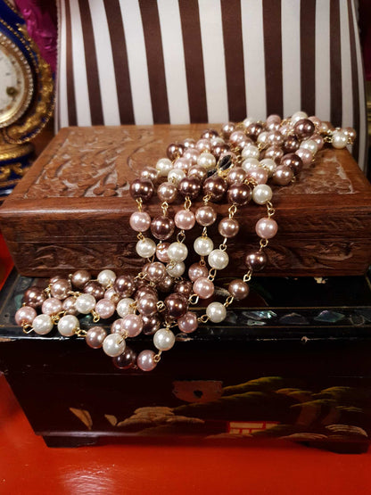Vintage 90s Faux Pearl Necklace 34" Flapper Long Pearls Pink Cream Bronze